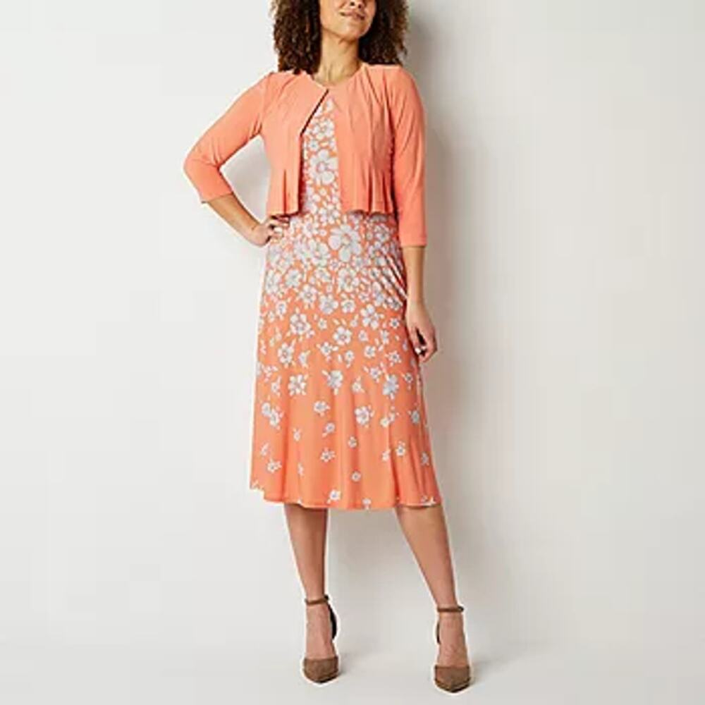 NWT Danny and Nicole Peach Ivory Floral Midi Dress w/ Jacket Women's Size Large